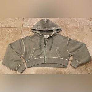 Aeropostale Oversized Cropped Full-Zip Hoodie Jacket (Washed Olive Green) - XS